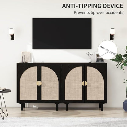 Black Rattan Cabinet-2-Doors,Sideboard Buffet Cabinet with Storage-Accent Storage Cabinet with Cane Door, Boho Wood Credenza for Dining Room, Bathroom, Study, Kitchen