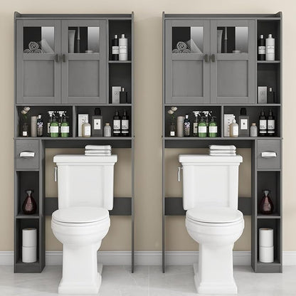 Vabches Over The Toilet Storage Cabinet, Bathroom Shelf Over Toilet with Glass Doors and Adjustable Shelves, Natural Grey Freestanding Home Space Save Toilet Rack, for Restroom, Bathroom, Laundry