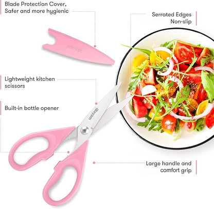 iBayam All Purpose Kitchen 2 Pack Heavy Duty Food Meat Poultry Shears with Protective Sheath, Dishwasher Safe, Comfort-Grip Cute Aesthetic Scissors Gift for Women Mom Wife Her Couple Pastel Pink