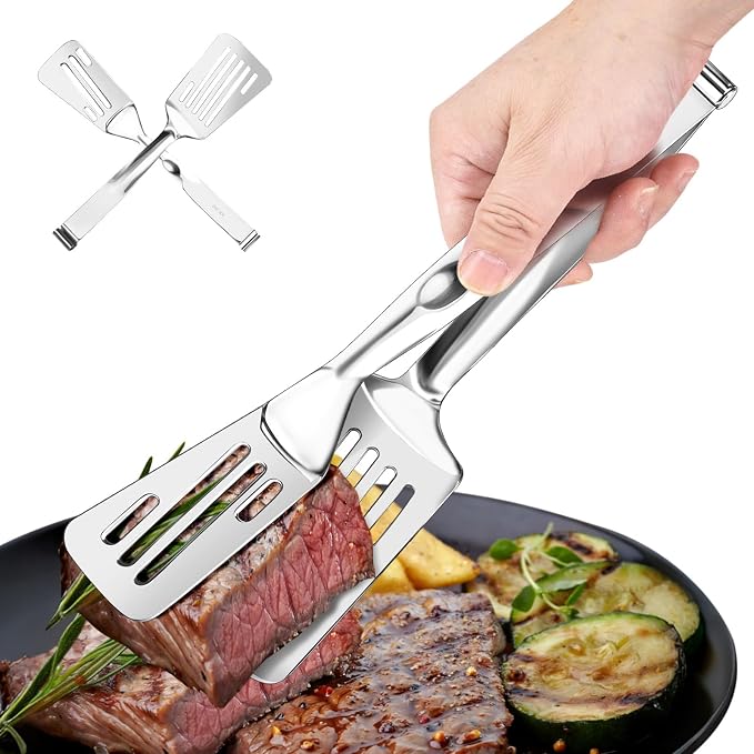 2-in-1 Spatula Tongs, 11.8 Inch 304 Stainless Steel Kitchen Tongs for 12 Inch Cooking Use, Detachable Metal Tongs with Oil Drain Holes for Grilling Frying Steak