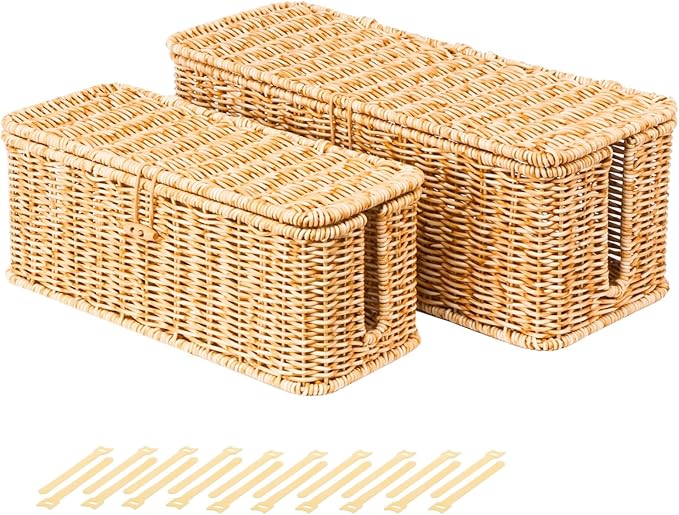 BROWNLILY Cable Management Box, Rattan Style Cord Organizer for Desk Cord Hider Outlet Covers for Power Strip TV PC Router Charger Under Desk Storage with Lockable Lid and Cable Ties
