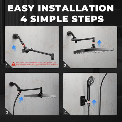 Wide Rain Shower Head With 5 Modes Handheld Showerheads, High Pressure Showerhead Combo with Extension Arm for Bathroom Accessories, Adjustable Shower Head with Anti-Clog Nozzles (Black)