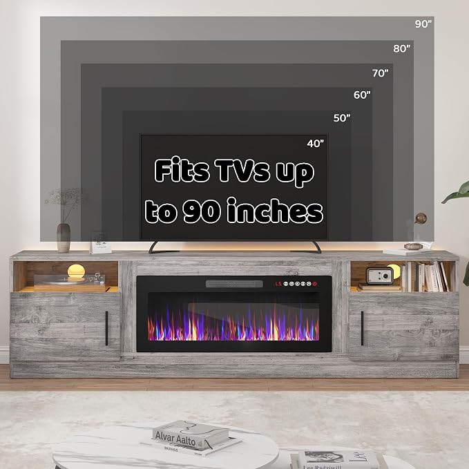 LEMBERI 80 Inch Fireplace TV Stand for TVs up to 90", 36" Electric Fireplace Entertainment Center with 20-Color LED, 300lbs Max Capacity Modern Wood Media Console Cabinet, Gray