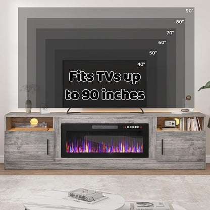 LEMBERI 80 Inch Fireplace TV Stand for TVs up to 90", 36" Electric Fireplace Entertainment Center with 20-Color LED, 300lbs Max Capacity Modern Wood Media Console Cabinet, Gray