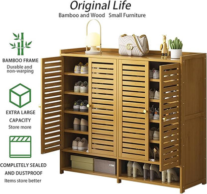 Bamboo Shoe Cabinet, 7-Tier Shoe Storage Cabinet with Doors, Freestanding Bamboo Shoe Rack Organizer with Shelves for Entryway, Hallway, Closet, Living Room