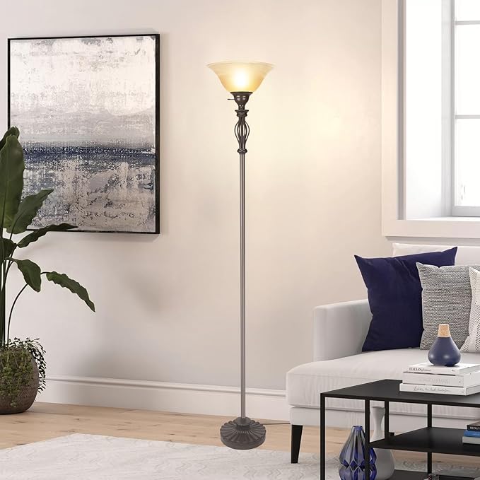 HonoDing Torchiere Floor Lamps for Living Room & Bedroom – Stand Up Lamp with Corner Floor Lamp Design – Traditional Iron Scroll 70" Tall Alabaster Glass Bowl Shade (Brown)
