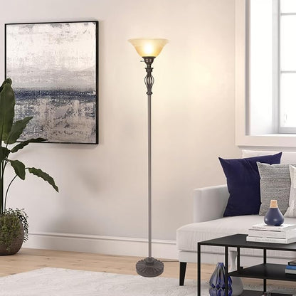 HonoDing Torchiere Floor Lamps for Living Room & Bedroom – Stand Up Lamp with Corner Floor Lamp Design – Traditional Iron Scroll 70" Tall Alabaster Glass Bowl Shade (Brown)