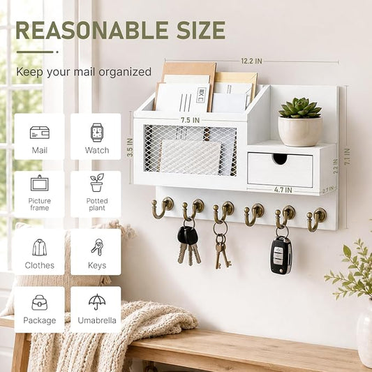 FifthQuarter Key and Mail Holder for Wall, Mail Organizer Wall Mount with 6 Hooks and Storage Drawer, Easy Installation Key Rack for Entryway and Home Decor (B-White)