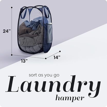 Handy Laundry Collapsible Mesh Pop Up Laundry Hamper 2-Pack – Large Foldable Laundry Basket with Side Pocket, Breathable & Durable, Space-Saving for Clothes, Toys, Travel, Dorm, Bedroom, Blue