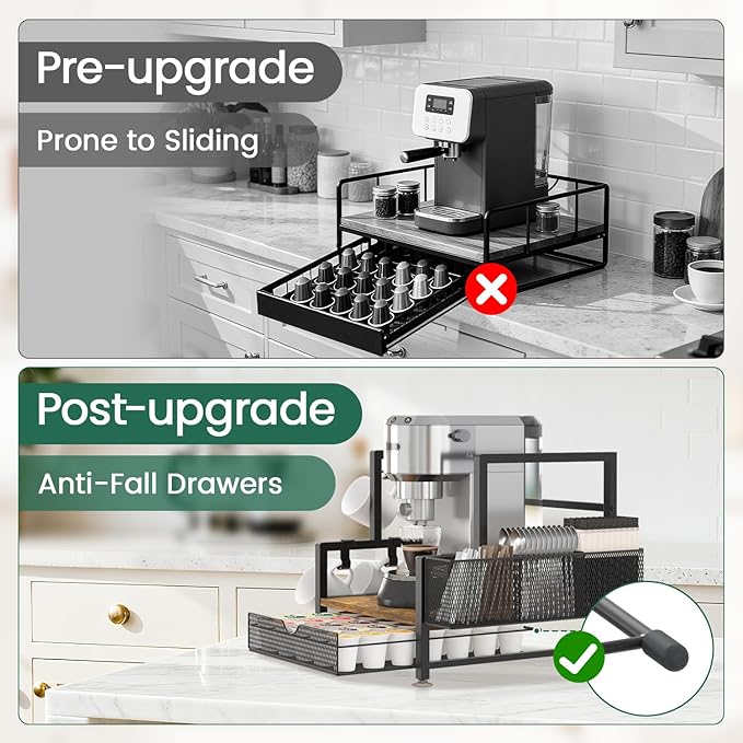 EsLuker.ly Coffee Bar Station Organizer with K Cup Drawer, Pod Holder Storage Rack with 7 Mug Hooks for Countertop, Wooden Coffee Machine Maker Stand for Home Office, Space-Saving for Coffee Lovers