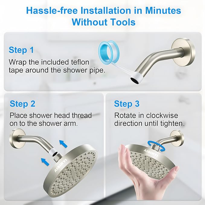 High Pressure Rainfall Shower Head, 6 Inches Showerhead with Perfect Adjustable Replacement, Removable Restrictor, Easy Installation for Your Bathroom Shower Heads(Brushed Nickel + Shower Arm)