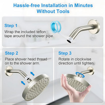 High Pressure Rainfall Shower Head, 6 Inches Showerhead with Perfect Adjustable Replacement, Removable Restrictor, Easy Installation for Your Bathroom Shower Heads(Brushed Nickel + Shower Arm)