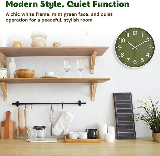 Wall Clock, Battery Operated, Modern Minimalist Design for Living Room, Office, Kitchen, Bedroom, and Bathroom – Quiet, Stylish, and Perfect for Any Room (Olive Green, 14 Inch)