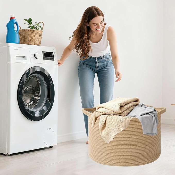 65L Large Blanket Basket,Woven Rope Laundry Basket Hamper with Handles,Decorative Nursery Basket Storage Bin for Toys, Pillows , Clothes Organizer, Living Room, Bedroom, Bathroom, Camel