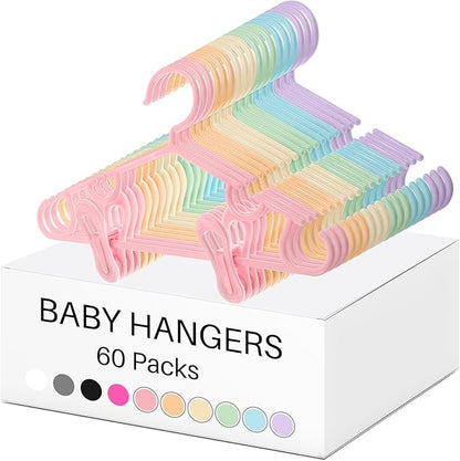 Hsei 5/10/40 Pack Baby Hangers with 10/20/80 Clips, Plastic Kids Pants Hangers for Nursery Closet Top and Bottom Clothes Hanger Set for Newborn Infant Toddler(180 Packs Total,Macaron Color,10.6 Inch)