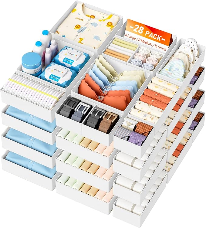 DIMJ Drawer Organizer Clothes - 28 Pack Baby Dresser Organizer for Nursery Closet Organization, Fabric Drawer Organizer Bins for Underwears Socks Bras, Foldable Storage Dividers for Bedroom