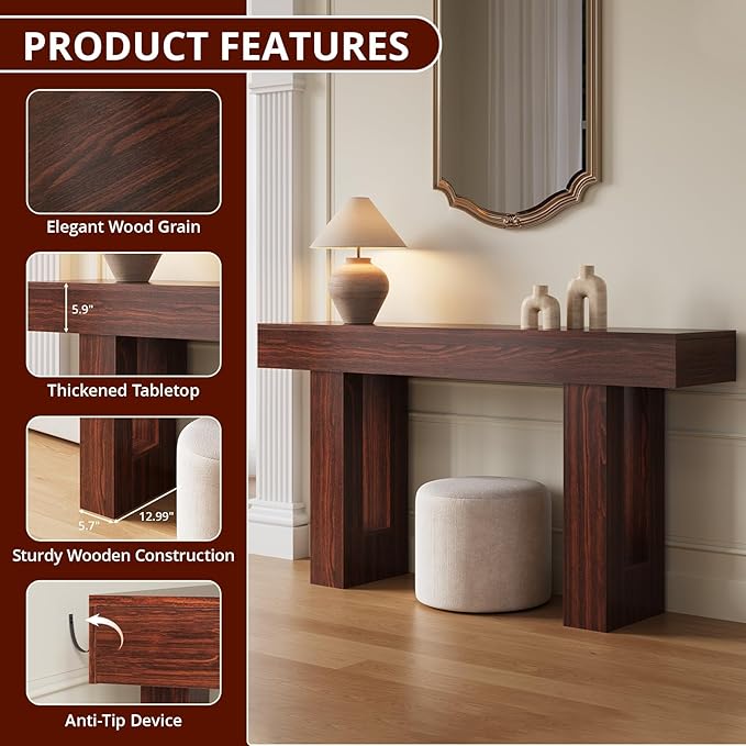 FURSUN 63" Console Table with 2 Drawers, Slim Entryway Table for Hallway, Narrow Sofa Table Behind Couch, Farmhouse Long Wood Accent Table for Foyer & Living Room, Dark Walnut