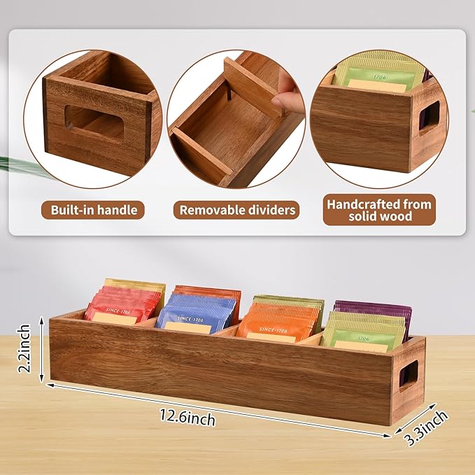 Acacia Wood Tea Bag Organizer with 4 Slots – Tea Bag Holder and Tea Organizer, Sugar Packet Storage for Countertops, Set of two