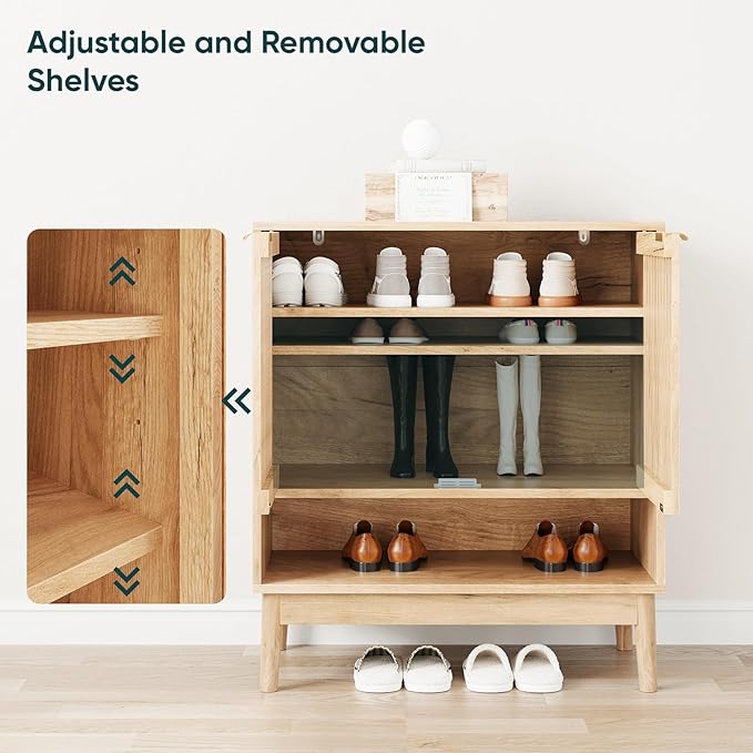 Shoe Storage Cabinet with Adjustable Shelves, Wooden Shoe Organizer, Shoes Rack for Entryway, Hallway, Living Room (Natural Wood, 27.56" W)