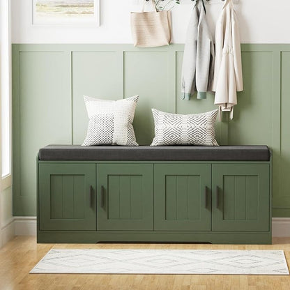 2-Tier Storage Bench, Shoe Bench with Thickened Padded Seat Cushion, Entryway Bench with 4 Doors, Adjustable Shelf, 13.8" D x 45.3" W x 18.5" H, for Entryway, Living Room, Bedroom, Green