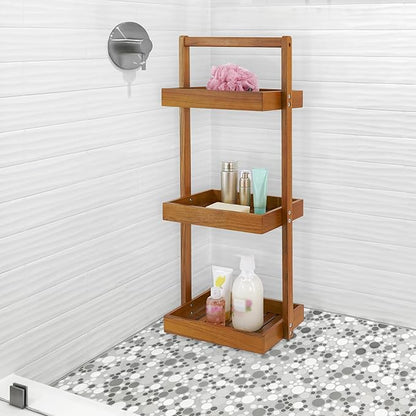 Utoplike Teak Shower Caddy Corner, 3 Tier Standing Shower Organizer Shelf with Handle, Wood Bathroom Stand Up Caddy Basket for Shampoo, Rack for Inside Shower, Bath, Office, Kitchen Desktop