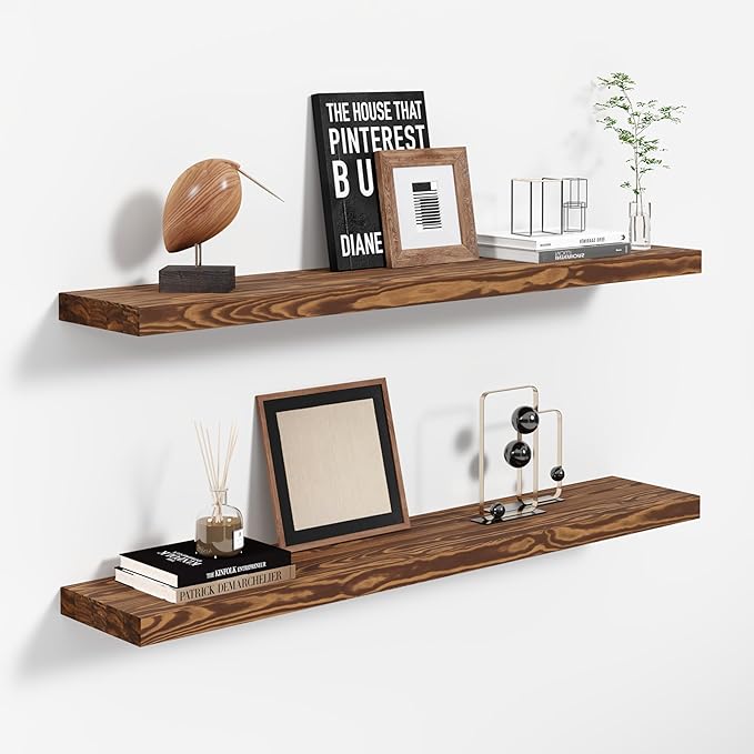 Howizz 36'' Pine Wood Floating Shelves for Wall- Set of 2 - Rustic Wall Mounted Wooden Shelf for Stylish Home Décor (Light Walnut, 36x6.5x1.25)