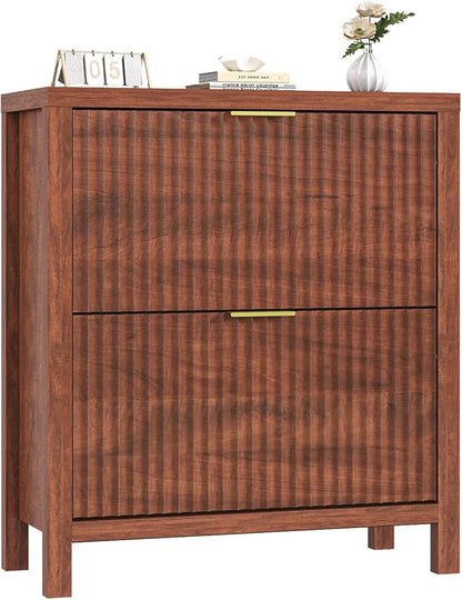 Shoe Cabinet Storage for Entryway, Fluted Shoe Cabinet with 2 Flip Drawers, Hidden Shoe Rack Tall Freestanding Shoe Organizer with Legs for Hallway, Walnut