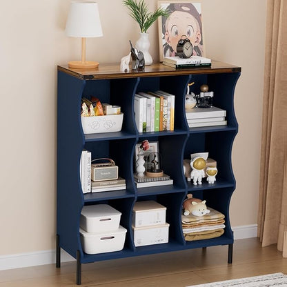 9 Cube Book Shelf, Low and Short Bookshelf, Long Cube Storage Organizer Wood TV Stand, Toy Organization DVD Cabinets for Living Room, Office, Bedroom, Dorm, Blue with Natural Top