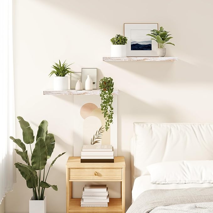 Vivelove Floating Shelves for Wall Solid Elm Wood, 24 Inches Long Rustic Wall Shelf with Invisible Bracket for Living Room Bedroom Bathroom Office, Farmhouse Wall Decor, Set of 2 - Weathered White