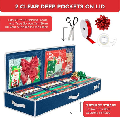 HOLDN’ STORAGE Premium Wrapping Paper Storage Container - Durable 600D Tear-Proof, Fits 27 Rolls Gift Wrap, Extra Pockets for Ribbons & Bows, Underbed Storage - Ideal for Holiday Christmas, Blue