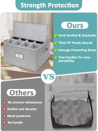 Cirhy Wine Glass Storage Box Hard Shell, 10'' Tall Stemware Storage Containers for Moving, Holds 24 Crystal Glasses & Flutes, Stackable Glassware Chest with Dividers, Grey (2-Pack)