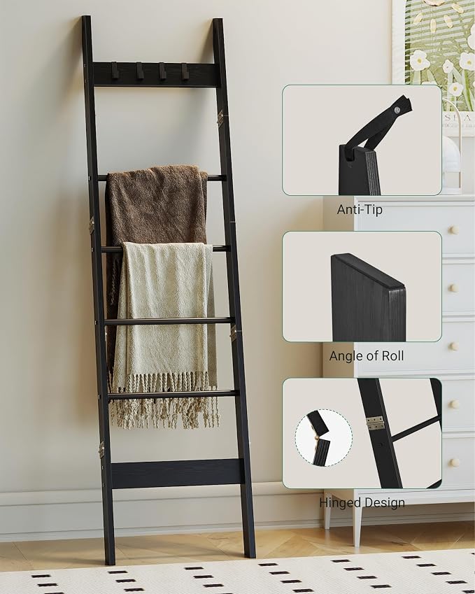 Hzuaneri Blanket Ladder for Living Room, Decorative Quilt Rack with 4 Removable Hooks, 6-Tier Farmhouse Ladder Holder Shelf Organizer for Bedroom, Black BR31504B