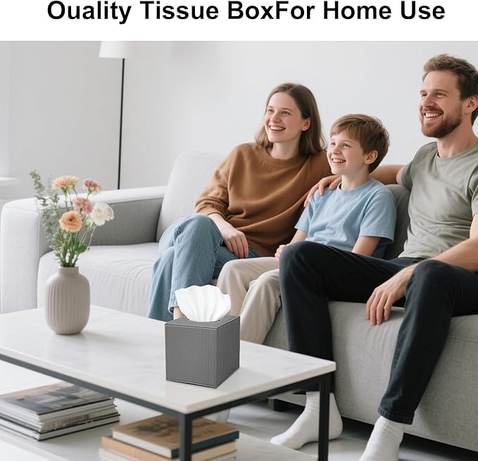 Gray Square PU Leather Tissue Box Cover with Magnetic Bottom – Stylish Cube Holder for Napkins, Decorative for Bathroom, Living Room, Office, Car, Nightstand