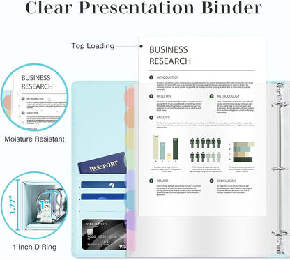 Ospelelf Leather Binder with 58 Plastic Sleeves, 3 Ring Presentation Binder for 8.5x11, Portfolio Organizer with 8 Tabbed Sleeves & Zipper Pocket for Documeents, Artwork, Certificates Blue