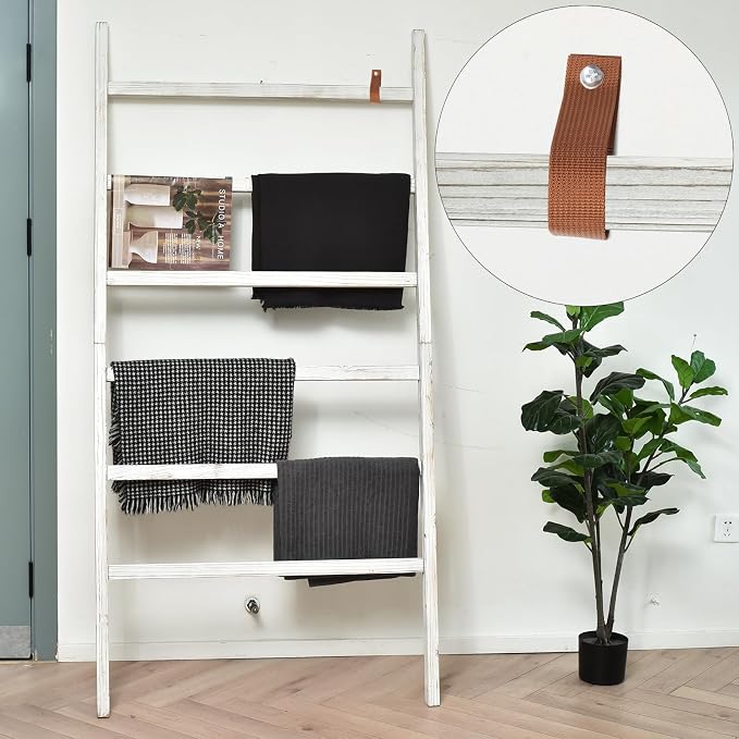 FUIN Extra Wide 6.4ft Wooden Blanket Ladder Living Room Decorative Wal Leaning Farmhouse Quilt Display Holder Rustic Wood Towel Rack for Bathroom, White, 38 inch Wide