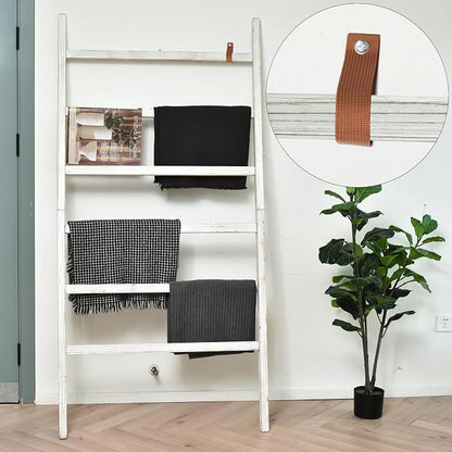 FUIN Extra Wide 6.4ft Wooden Blanket Ladder Living Room Decorative Wal Leaning Farmhouse Quilt Display Holder Rustic Wood Towel Rack for Bathroom, White, 38 inch Wide