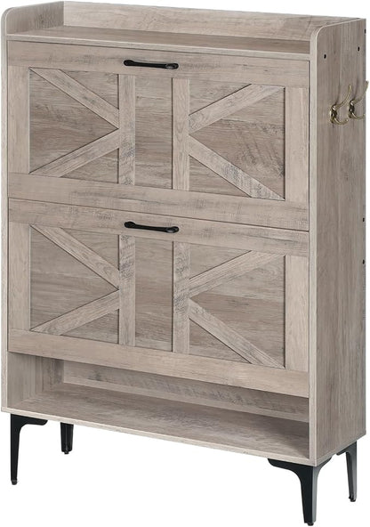 MAHANCRIS Shoe Storage Cabinet, Shoe Organizer with 2 Flip Drawers, Hidden Shoe Storage for Entryway, Freestanding Shoe Cabinet Organizer with Open Storages, Greige SHHG9401