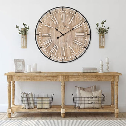 MICWIC Farmhouse Wall Clock 30 Inch - Rustic Wood Metal Decor, Silent Sweep, Battery Operated for Living Room Kitchen Office, Brown