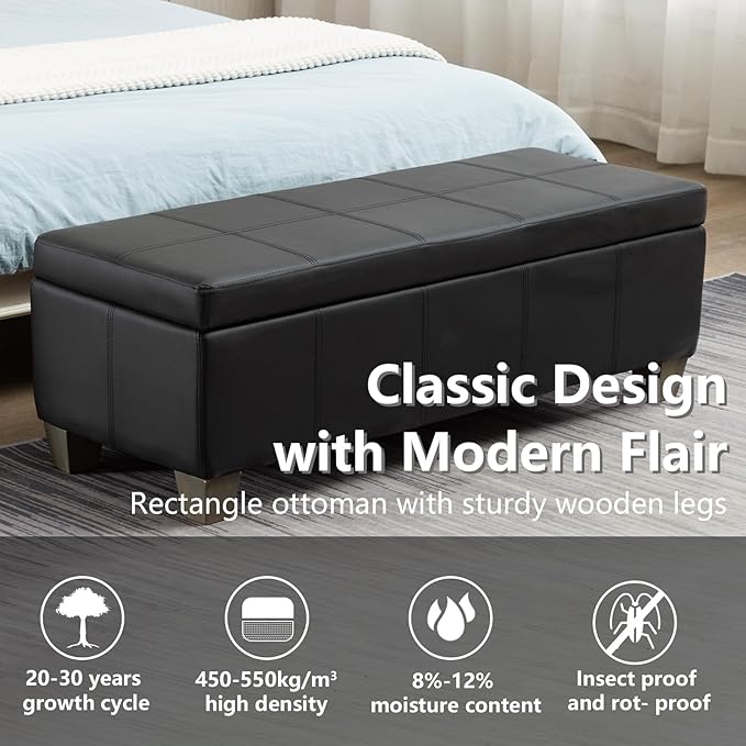 51 Inch Storage Ottoman, Storage Bench with Safety Hinge, Upholstered Synthetic Leather Ottoman Bench for Bedroom, Living Room, Entryway, Hallway, Foot Rest, Support 500lbs, Black
