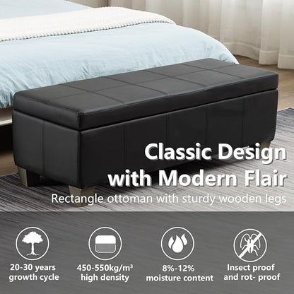 51 Inch Storage Ottoman, Storage Bench with Safety Hinge, Upholstered Synthetic Leather Ottoman Bench for Bedroom, Living Room, Entryway, Hallway, Foot Rest, Support 500lbs, Black