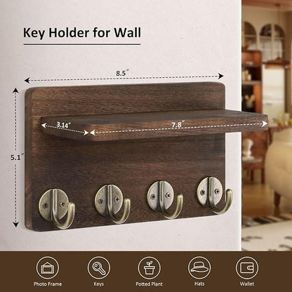 Nekon Key Holder Wall Mount, 8.5 Inch Small Home Decor Wooden Wall Organizer with 4 Hooks and Shelf, Wall Decor for Living Room Entryway Kitchen (Brown)