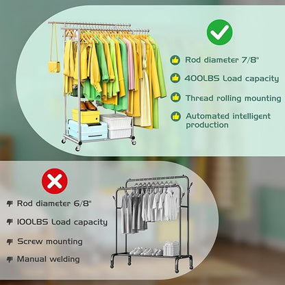 Double Rods Clothing Rack for Hanging Clothes, 100% Stainless Steel Clothes Rack, Portable Sturdy Clothes Rack with Wheels, Easy Installation Rolling Coat Rack, Freestanding for Home Conmercial Store