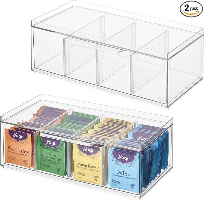 iDesign XL Tea Bag Organizer for Counter, 4-Section Clear Stackable Tea Storage Drawer for Cabinet, 2-Pack
