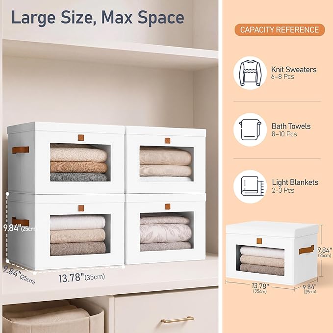 DIMJ Storage Bins with Lids - 6 Pack Large Fabric Closet Organizer with Window & Handles, Collapsible Decorative Storage Boxes for Shelves Under Bed, Books Clothes Blankets Sweaters Organization