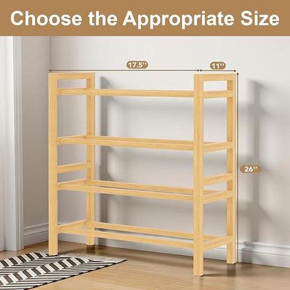 Haddockway Bamboo Shoe Rack for Closet, Free Standing Shoe Organizer with Smooth Round Rods & Convenient Handles, Stackable Shoe Storage Shelf for Entryway, Hallway(Natural, 4-Tier(Small))