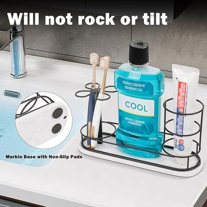 Toothbrush Holder Stand for Bathroom, Metal Toothbrush Organizer with Marble Base, Toothbrush Storage Collection for Family, Suitable for Home Hotel Countertop Vanity (Large, Matte Black)