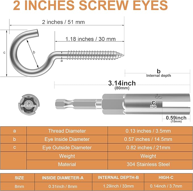 304 Stainless Steel Screw-in Hooks, Metal Hooks, Heavy-Duty Screw Eye Hooks, Wood Terminal Ring Eye Hooks, Christmas Lighting Hook. (26 pcs +1 pcs 1/4" hex Shank Wing nut Driver)