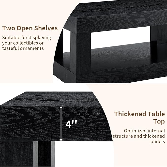 LKTART 39.37" Coffee Table with Storage, 2-Tier Mid Century Rectangular Accent Table with Thick Tabletop, Rustic Style Cocktail, Center Table for Living Room, Office, Apartment (Black)