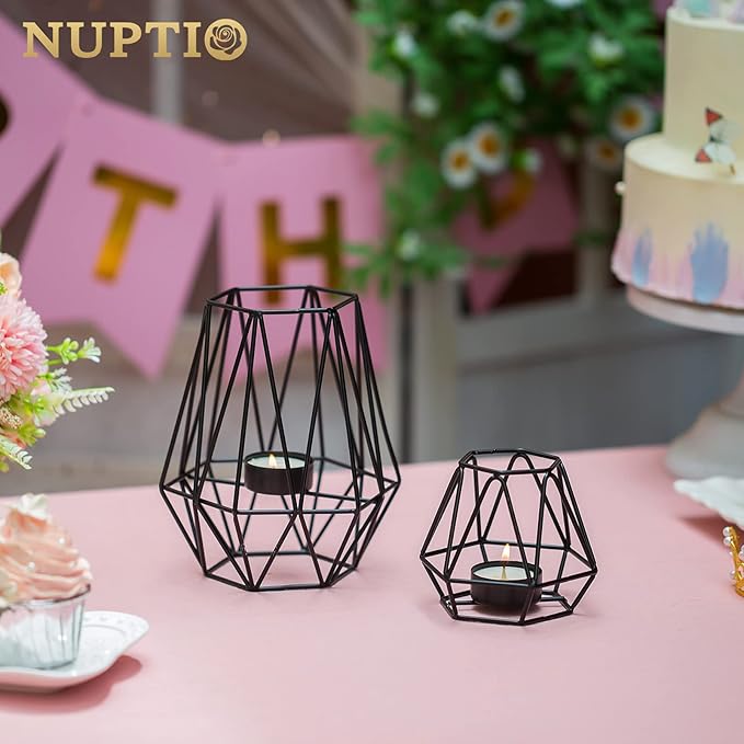 Nuptio 2 Pcs Tealight Holders - Tea Light Candle Holders Geometric Candle Holder for Dining Table Decorations Centrepiece, Black Fireplace Ornaments for Living Room, Wedding Housewarming Gifts