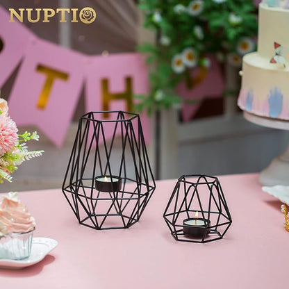 Nuptio 2 Pcs Tealight Holders - Tea Light Candle Holders Geometric Candle Holder for Dining Table Decorations Centrepiece, Black Fireplace Ornaments for Living Room, Wedding Housewarming Gifts